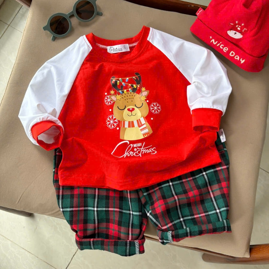 Set áo thun dài tay + quần caro in hình Giáng Sinh Noen cho bé dễ thương, chất liệu cotton mềm mát 9-34kg
