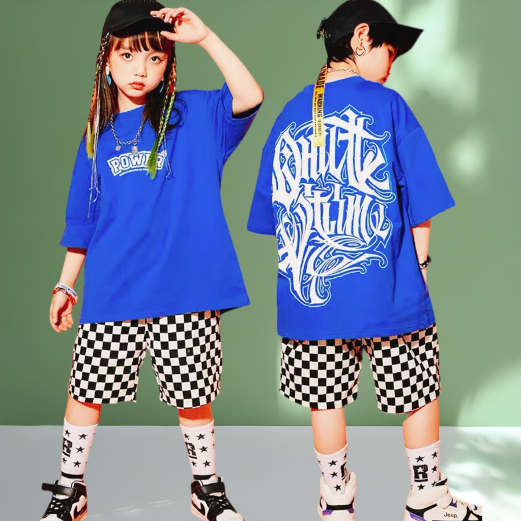 Con Xinh boys' short-sleeved suit cotton hip.hop style combined with POWER checkered pants for children from 13 to 50kg