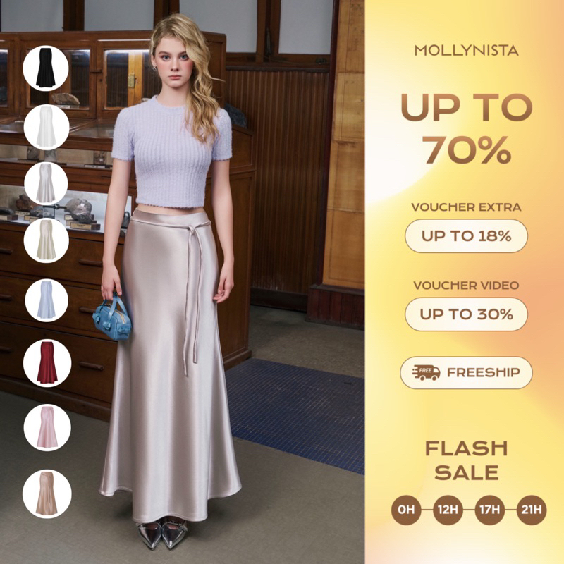 Chân váy lụa 2 lớp cao cấp lưng cao (Tặng kèm dây belt) MOLLYNISTA  đuôi cá tôn dáng