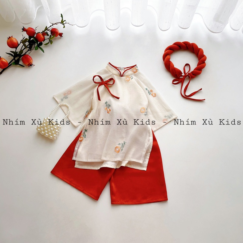 [4-64kg] Áo Dài Cách Tân Kem Hoa Thêu NHÍM XÙ KIDS Chất Xốp Thêu Cho Bé Gái Đến 8 Tuổi - AD136