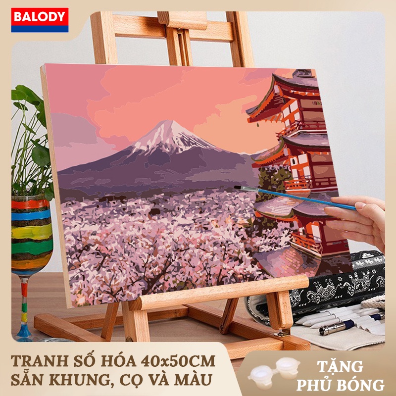 Tranh Sơn dầu Số hóa Phong cảnh Núi Phú Sĩ MS1121 40x50cm BALODY có khung, màu, cọ, móc treo tường