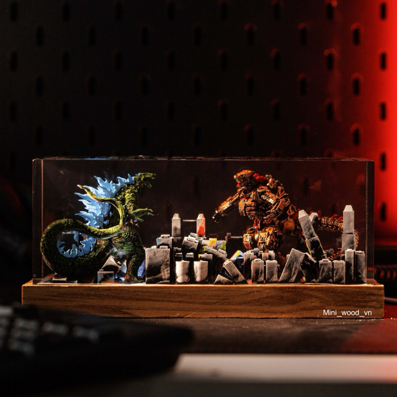 Đèn gỗ resin epoxy Godzilla vs Kong.Lamp resin epoxy Godzilla vs King Kong.Lamp resin epoxy custom nightlight handmade