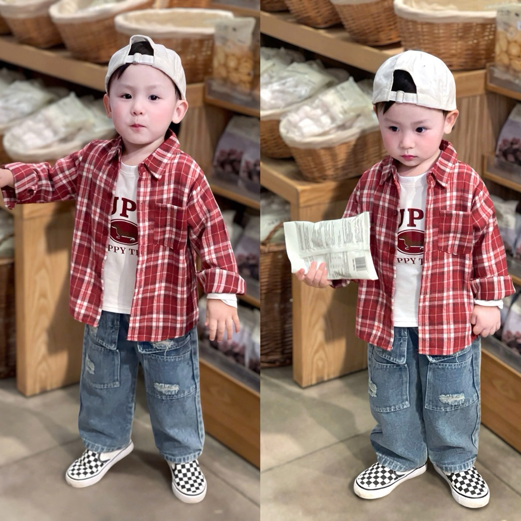 Set of 3 details Red Checkered Shirt Jeans Box Bag Elegant Personality Style for Boys