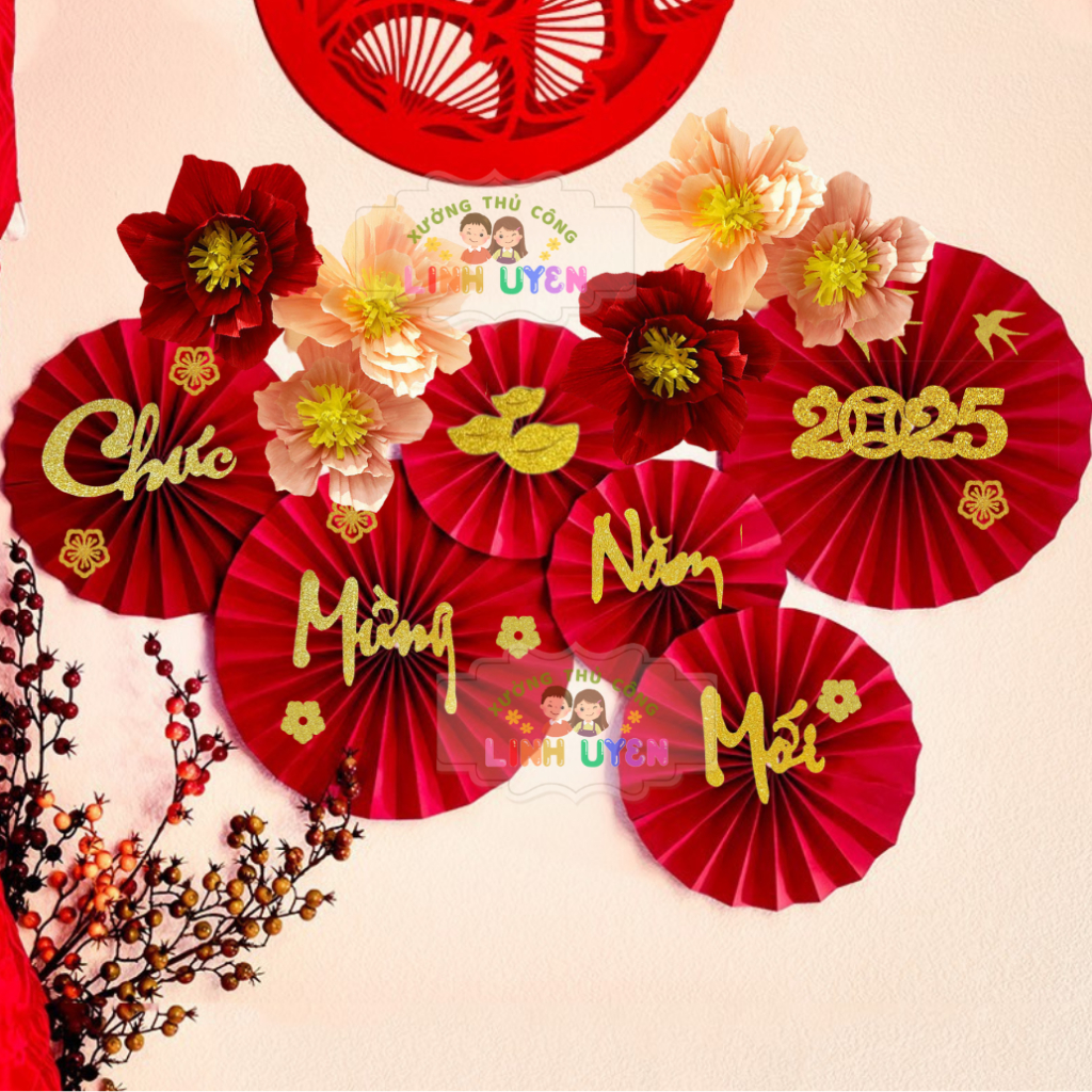 Set 6 red paper fans decorated in 2025 - Decor decorated home with apricot shape with yellow swallow glitter to celebrate spring